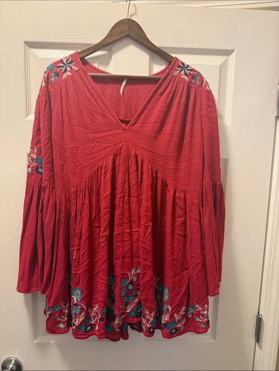 Free People Tops - Free People Red Embroidered Boho Tunic Mini Dress EUC